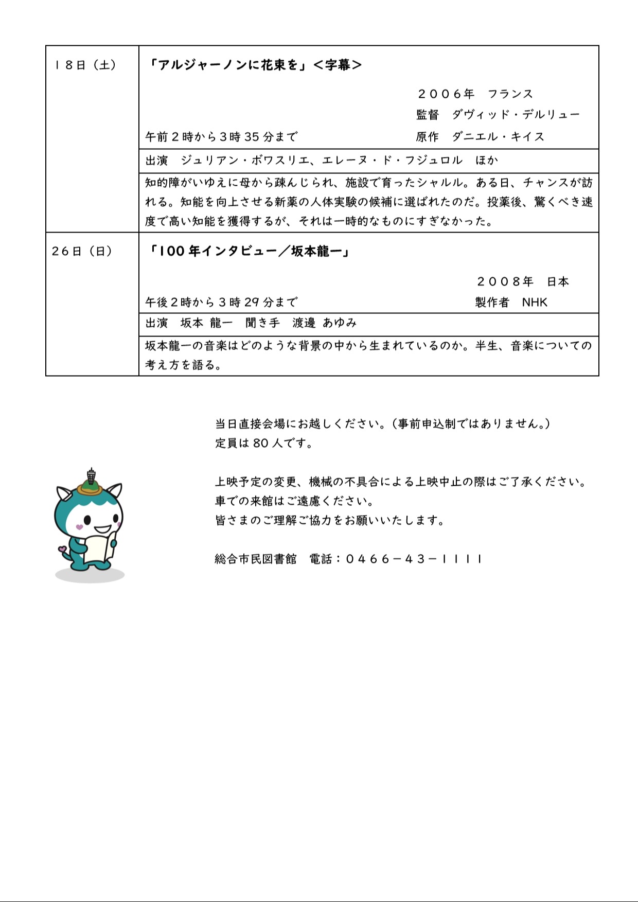 2026年4月総合館映画会チラシ2ページ